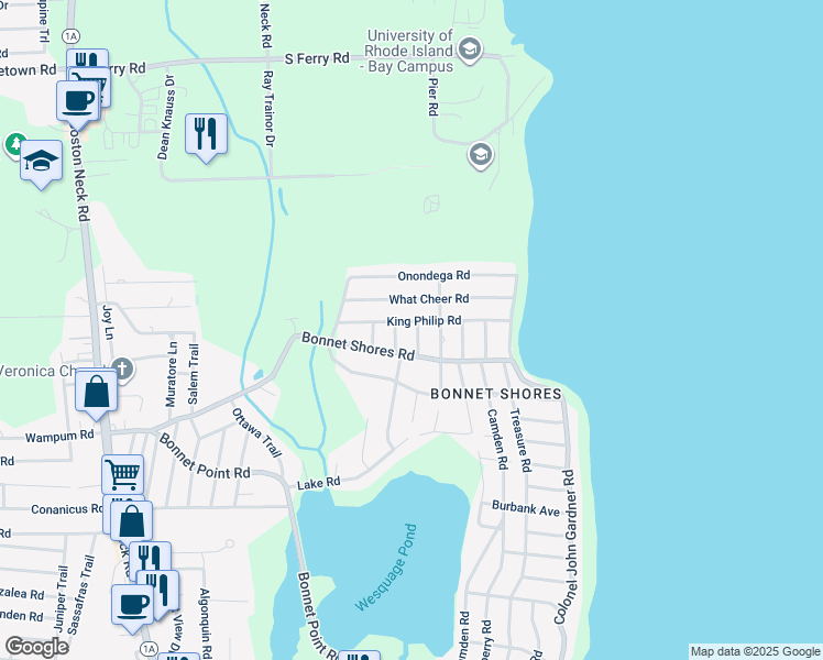 map of restaurants, bars, coffee shops, grocery stores, and more near 12 Merriweather Avenue in Narragansett