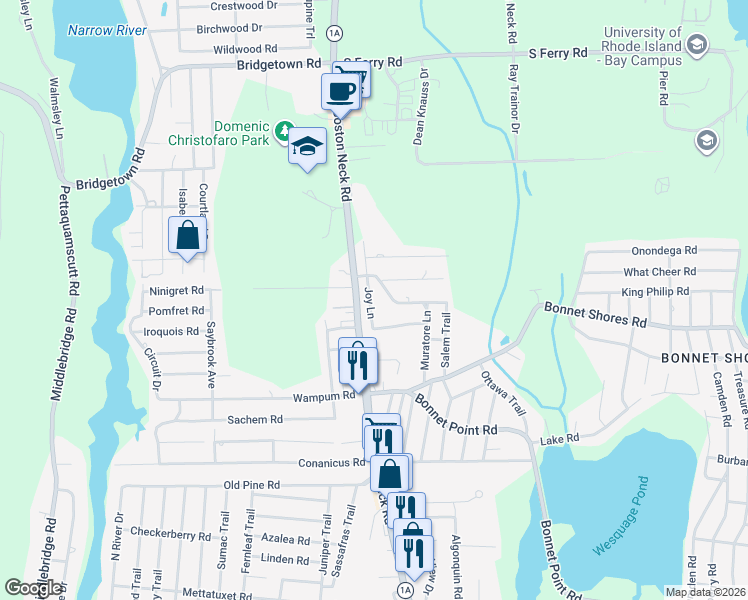 map of restaurants, bars, coffee shops, grocery stores, and more near 36 Joy Lane in Narragansett