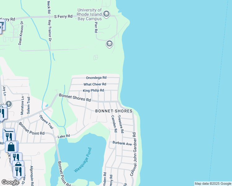 map of restaurants, bars, coffee shops, grocery stores, and more near 29 Colonel John Gardner Road in Narragansett