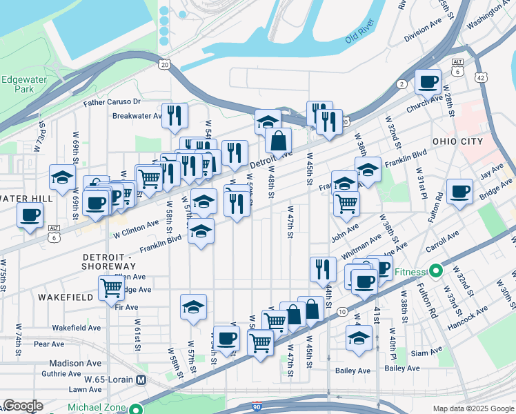 map of restaurants, bars, coffee shops, grocery stores, and more near 5005 Franklin Boulevard in Cleveland