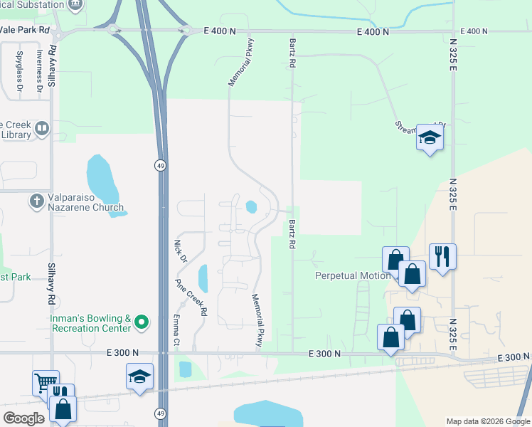 map of restaurants, bars, coffee shops, grocery stores, and more near 1715 Lake Michigan Drive in Valparaiso
