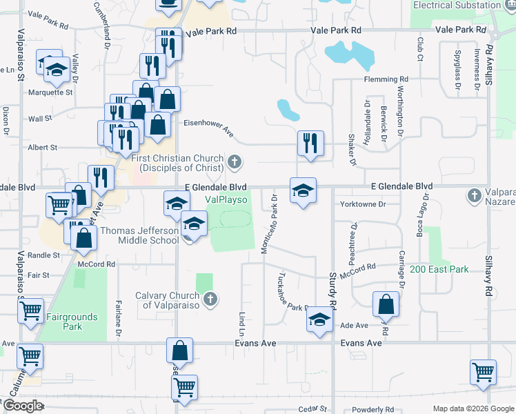 map of restaurants, bars, coffee shops, grocery stores, and more near 1717 Dainesway Drive in Valparaiso