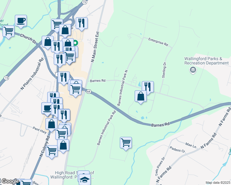 map of restaurants, bars, coffee shops, grocery stores, and more near 101 Barnes Road in Wallingford