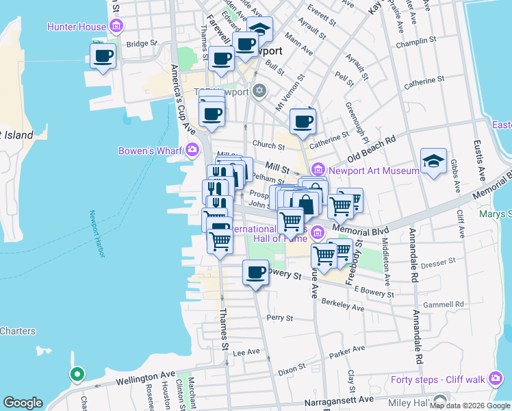 map of restaurants, bars, coffee shops, grocery stores, and more near 21 John Street in Newport
