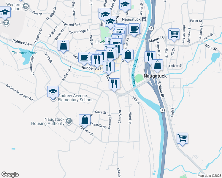 map of restaurants, bars, coffee shops, grocery stores, and more near 47 Scott Street in Naugatuck