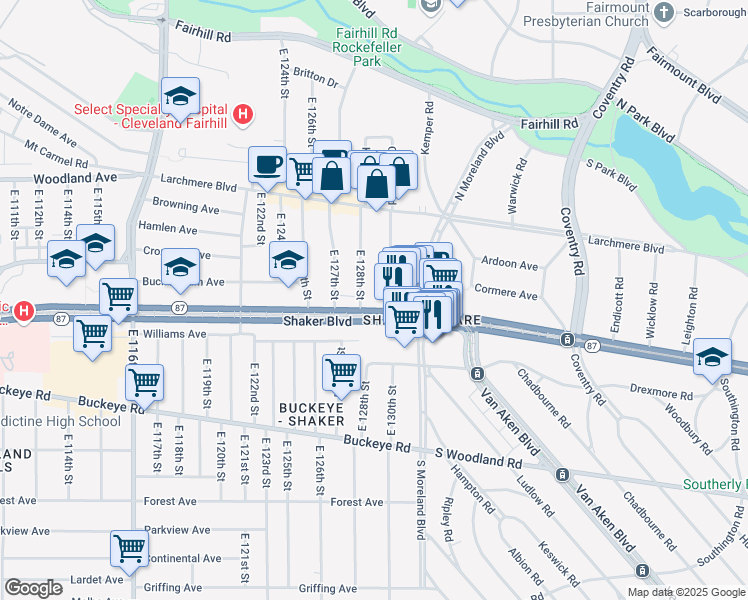 map of restaurants, bars, coffee shops, grocery stores, and more near 12923 Shaker Boulevard in Cleveland