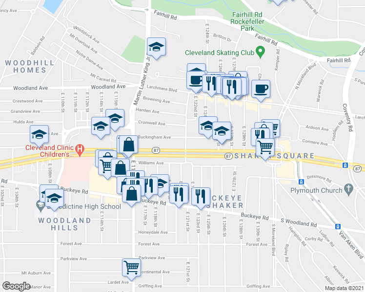 map of restaurants, bars, coffee shops, grocery stores, and more near 12024 Shaker Boulevard in Cleveland