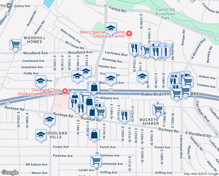 map of restaurants, bars, coffee shops, grocery stores, and more near 54 Shaker Boulevard in Cleveland