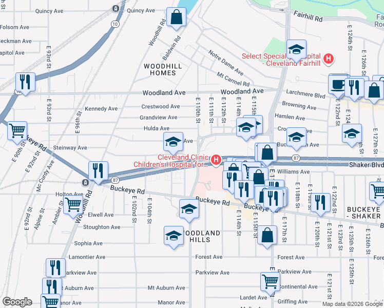 map of restaurants, bars, coffee shops, grocery stores, and more near 10950 Shaker Boulevard in Cleveland