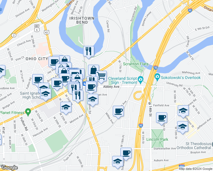 map of restaurants, bars, coffee shops, grocery stores, and more near 1819 Abbey Avenue in Cleveland