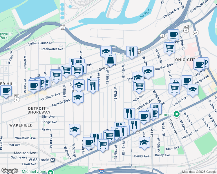 map of restaurants, bars, coffee shops, grocery stores, and more near 1767 West 48th Street in Cleveland