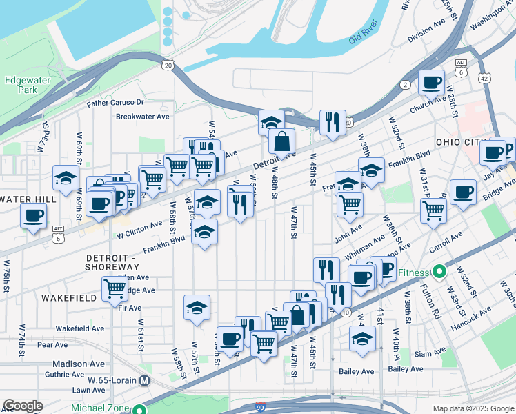map of restaurants, bars, coffee shops, grocery stores, and more near 5005 Franklin Boulevard in Cleveland