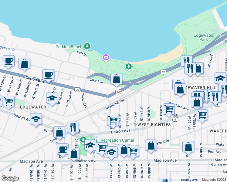 map of restaurants, bars, coffee shops, grocery stores, and more near in Cleveland