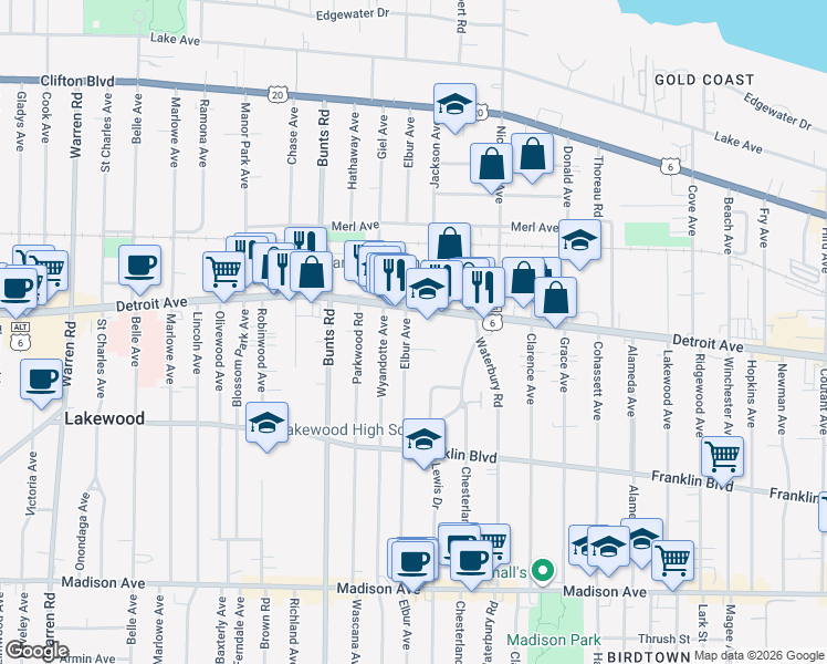 map of restaurants, bars, coffee shops, grocery stores, and more near 13540 Elbur Lane in Lakewood