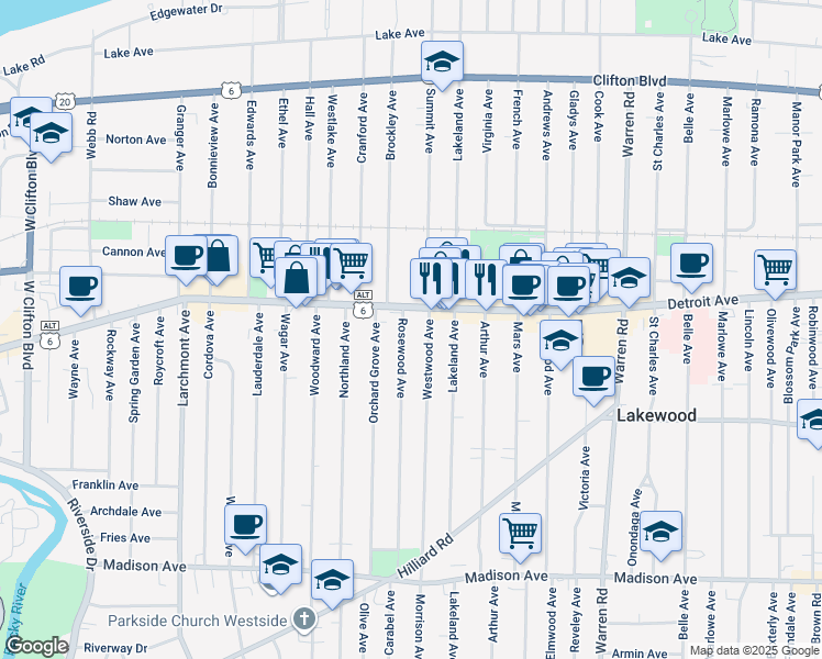 map of restaurants, bars, coffee shops, grocery stores, and more near 1436 Rosewood Avenue in Lakewood