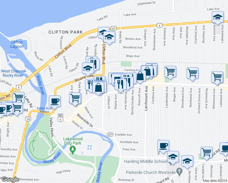 map of restaurants, bars, coffee shops, grocery stores, and more near 17823 Detroit Avenue in Lakewood