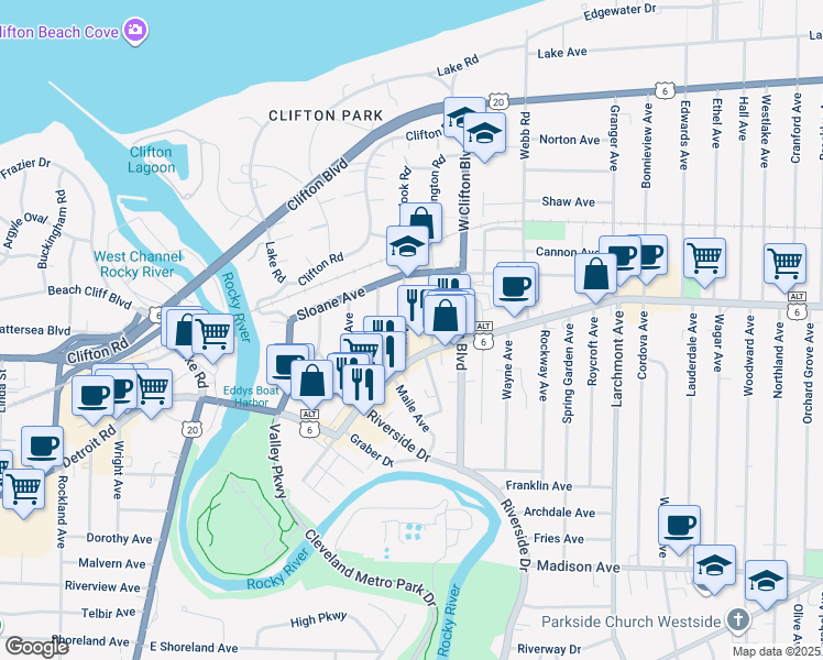 map of restaurants, bars, coffee shops, grocery stores, and more near 18224 Detroit Avenue in Lakewood