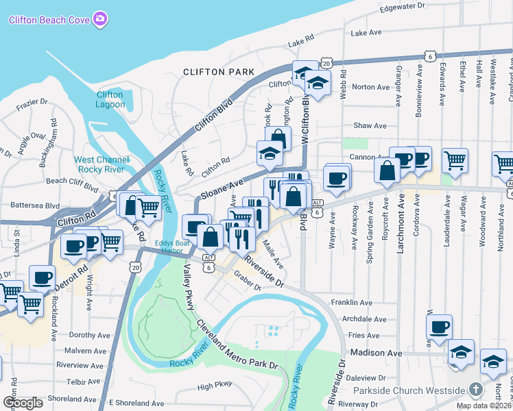 map of restaurants, bars, coffee shops, grocery stores, and more near 18224 Detroit Avenue in Lakewood