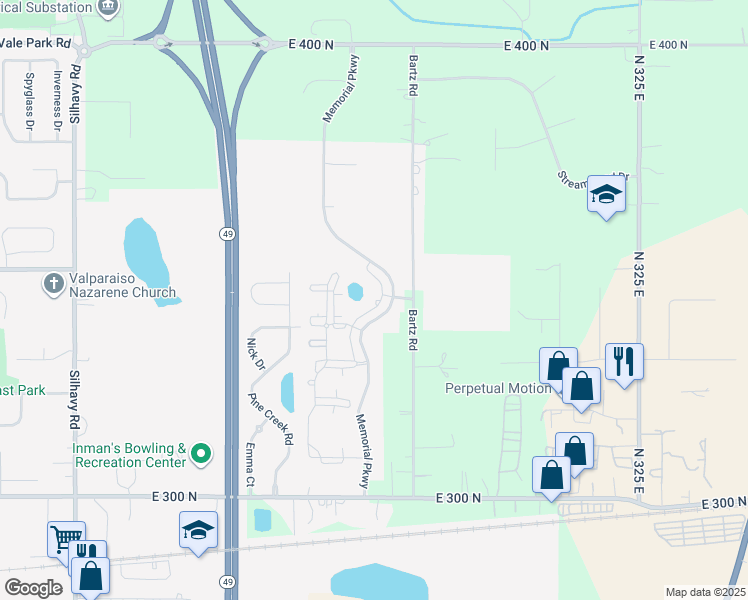 map of restaurants, bars, coffee shops, grocery stores, and more near 1705 Lake Michigan Drive in Valparaiso