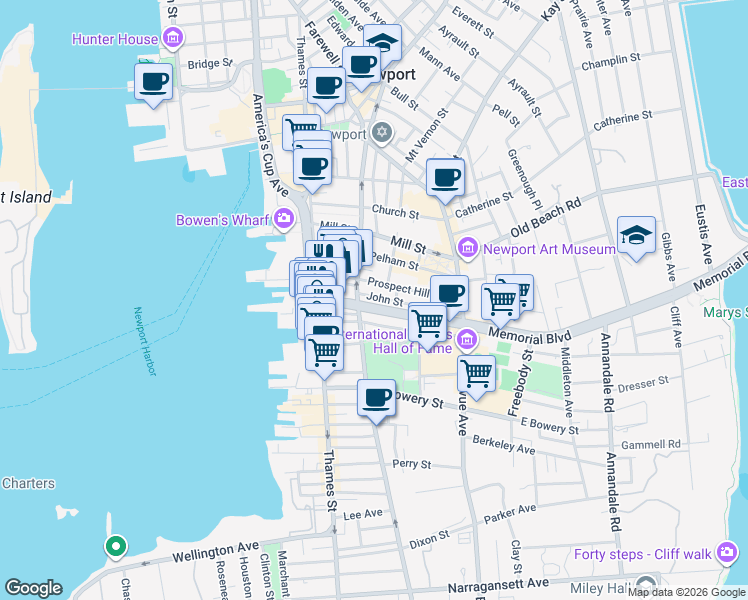map of restaurants, bars, coffee shops, grocery stores, and more near 233 Memorial Boulevard West in Newport