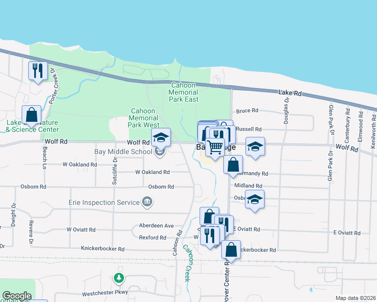 map of restaurants, bars, coffee shops, grocery stores, and more near 491 Cahoon Road in Bay Village