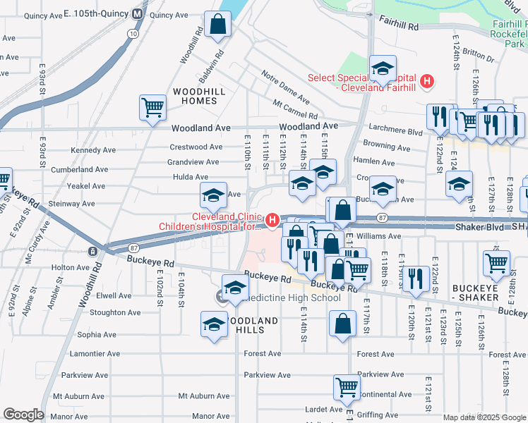map of restaurants, bars, coffee shops, grocery stores, and more near 2801 Martin Luther King Junior Drive in Cleveland