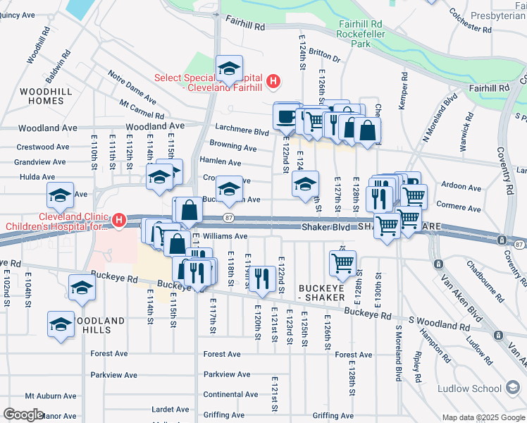 map of restaurants, bars, coffee shops, grocery stores, and more near 12025 Shaker Boulevard in Cleveland