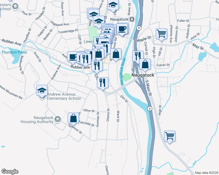 map of restaurants, bars, coffee shops, grocery stores, and more near 8 Scott Street in Naugatuck