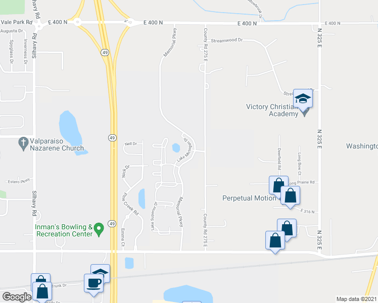 map of restaurants, bars, coffee shops, grocery stores, and more near Lake Michigan Drive in Valparaiso