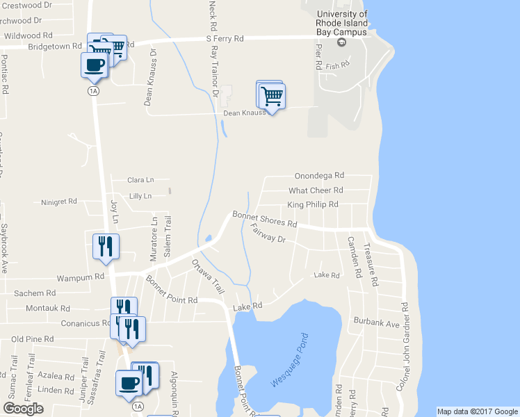 map of restaurants, bars, coffee shops, grocery stores, and more near 25 Spring Brook Road in Narragansett