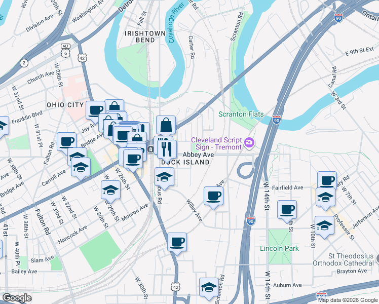 map of restaurants, bars, coffee shops, grocery stores, and more near 1819 Abbey Avenue in Cleveland