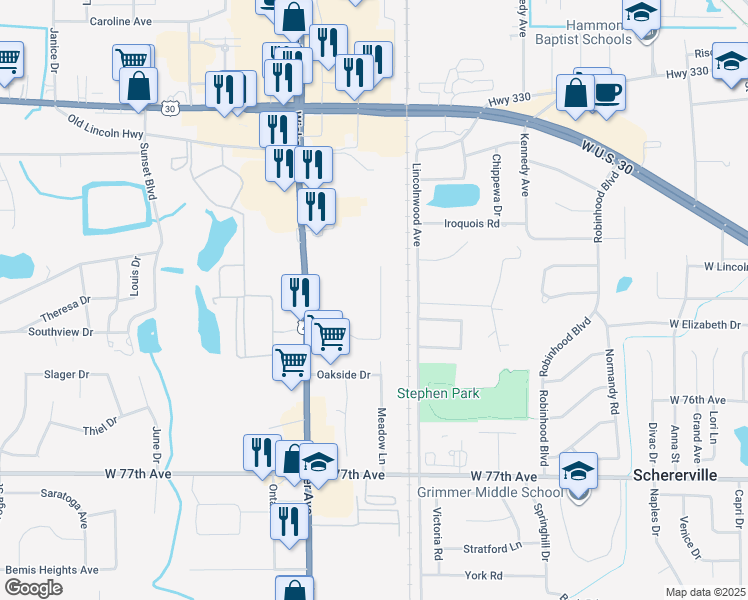 map of restaurants, bars, coffee shops, grocery stores, and more near 2050 Meadow Lane in Schererville