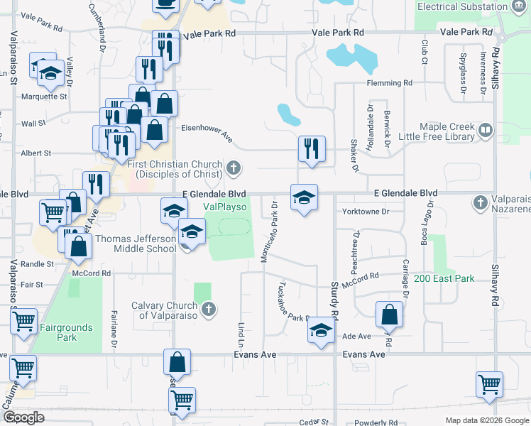 map of restaurants, bars, coffee shops, grocery stores, and more near 1609 Monticello Park Drive in Valparaiso