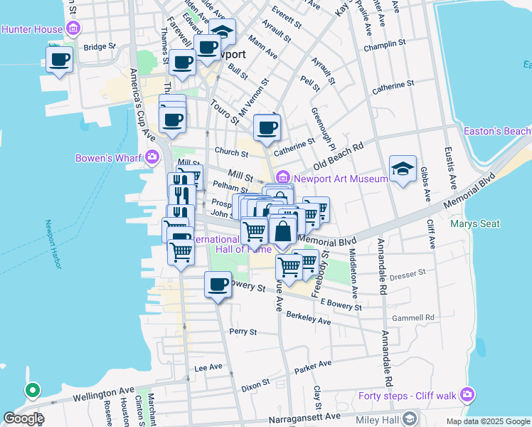 map of restaurants, bars, coffee shops, grocery stores, and more near 83 John Street in Newport
