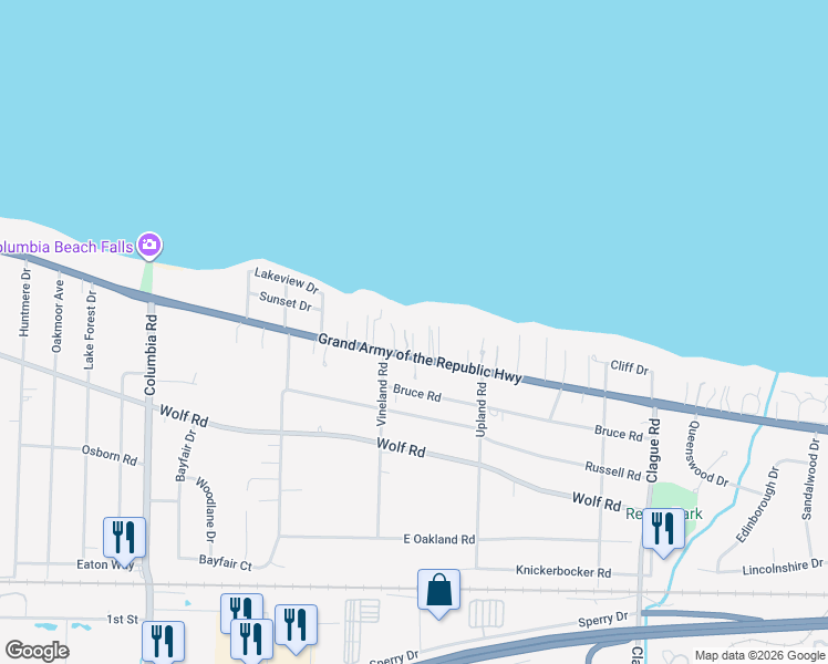 map of restaurants, bars, coffee shops, grocery stores, and more near 24458 Lake Road in Bay Village