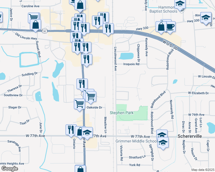 map of restaurants, bars, coffee shops, grocery stores, and more near 2045 Meadow Lane in Schererville