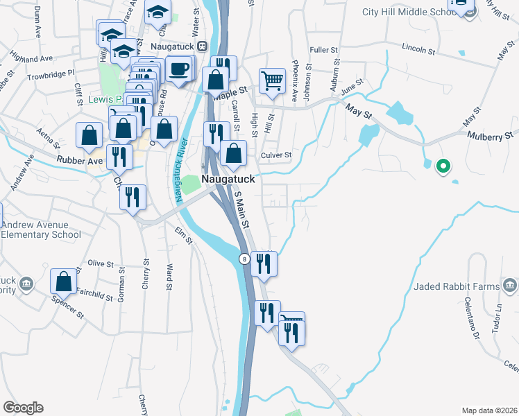 map of restaurants, bars, coffee shops, grocery stores, and more near 136 High Street in Naugatuck