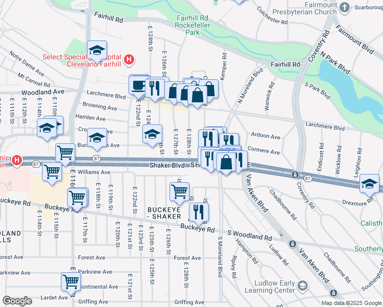 map of restaurants, bars, coffee shops, grocery stores, and more near 12929 Shaker Boulevard in Cleveland