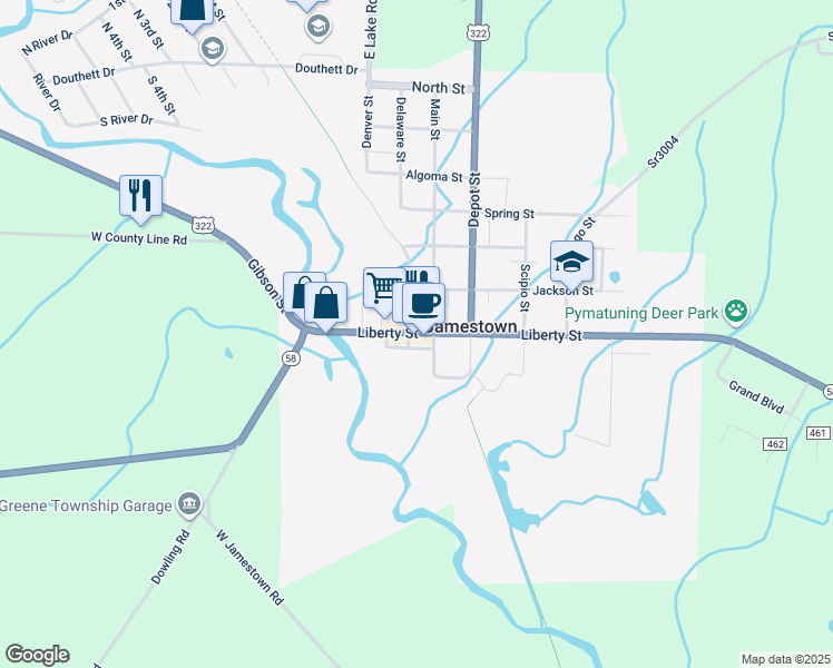 map of restaurants, bars, coffee shops, grocery stores, and more near 147 Liberty Street in Jamestown
