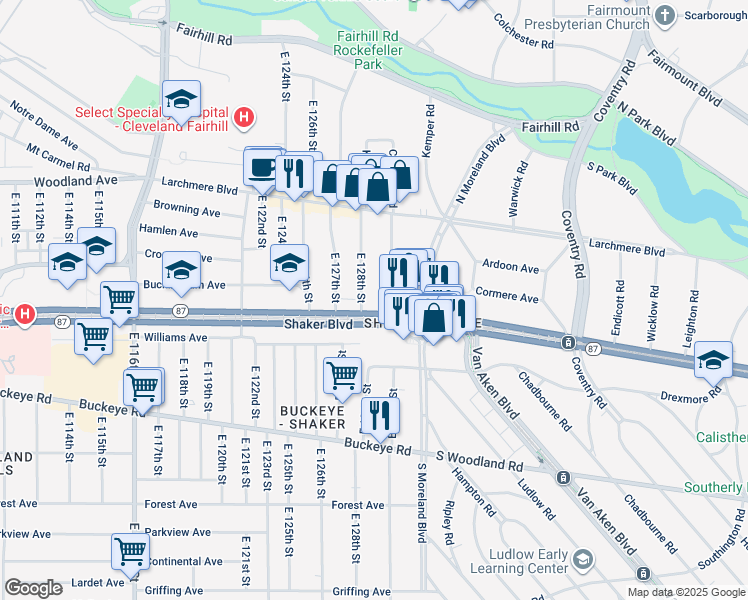 map of restaurants, bars, coffee shops, grocery stores, and more near 12923 Shaker Boulevard in Cleveland