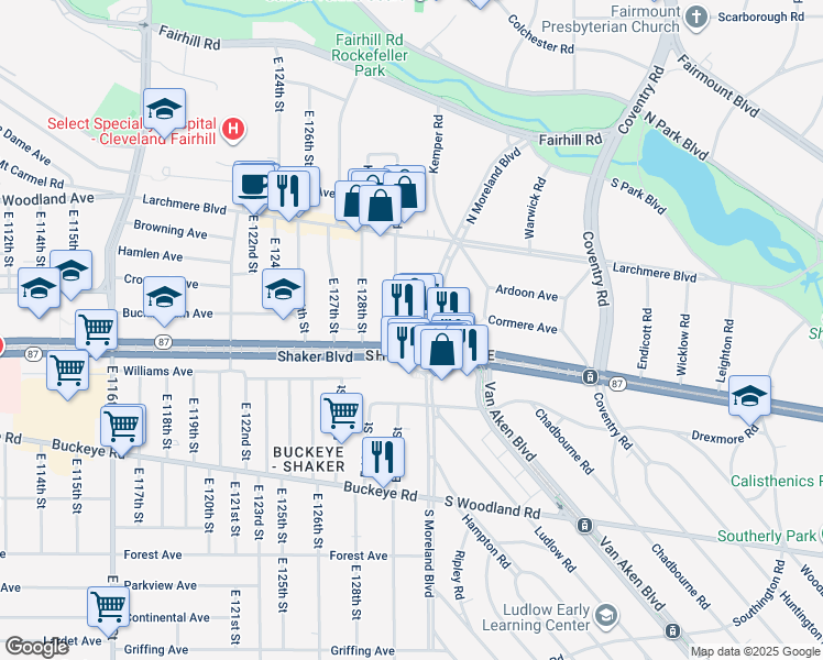 map of restaurants, bars, coffee shops, grocery stores, and more near 13125 Shaker Boulevard in Cleveland