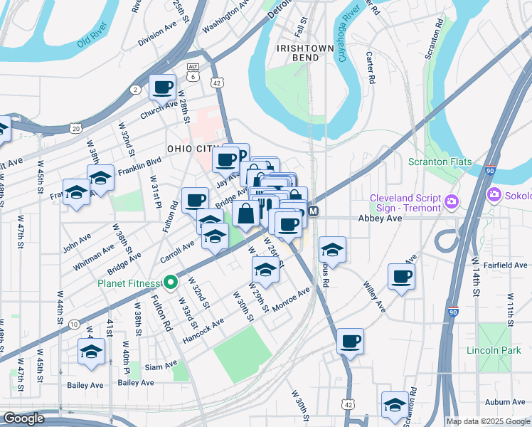 map of restaurants, bars, coffee shops, grocery stores, and more near 2519 Market Avenue in Cleveland