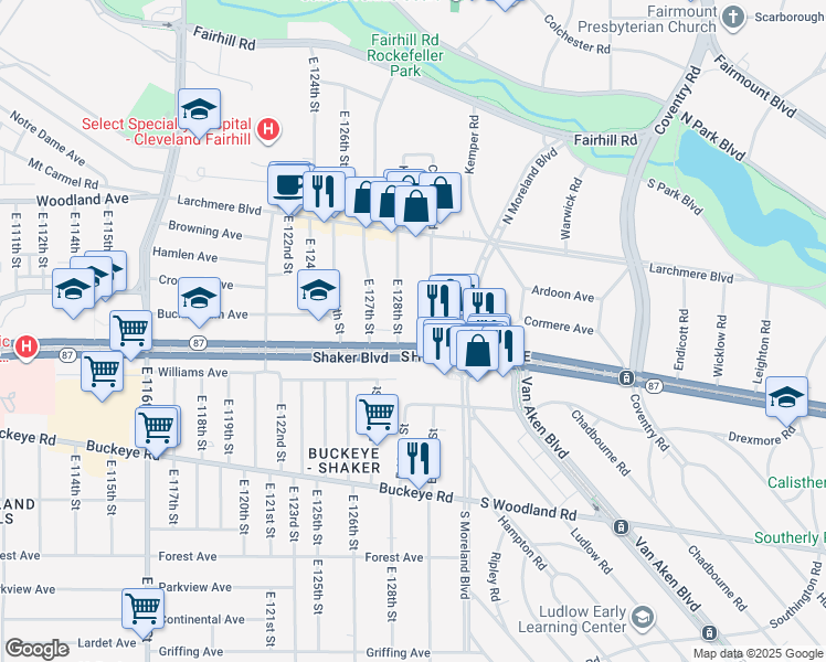 map of restaurants, bars, coffee shops, grocery stores, and more near 12923 Shaker Boulevard in Cleveland