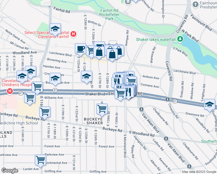 map of restaurants, bars, coffee shops, grocery stores, and more near 12929 Shaker Boulevard in Cleveland