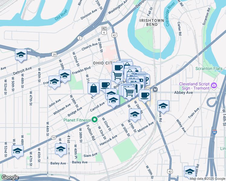 map of restaurants, bars, coffee shops, grocery stores, and more near 1947 West 28th Street in Cleveland
