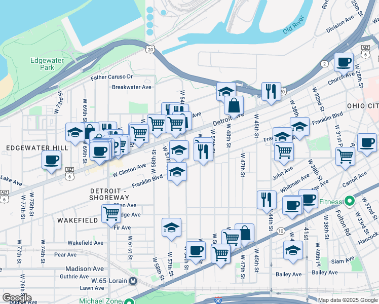 map of restaurants, bars, coffee shops, grocery stores, and more near 5212 Franklin Boulevard in Cleveland