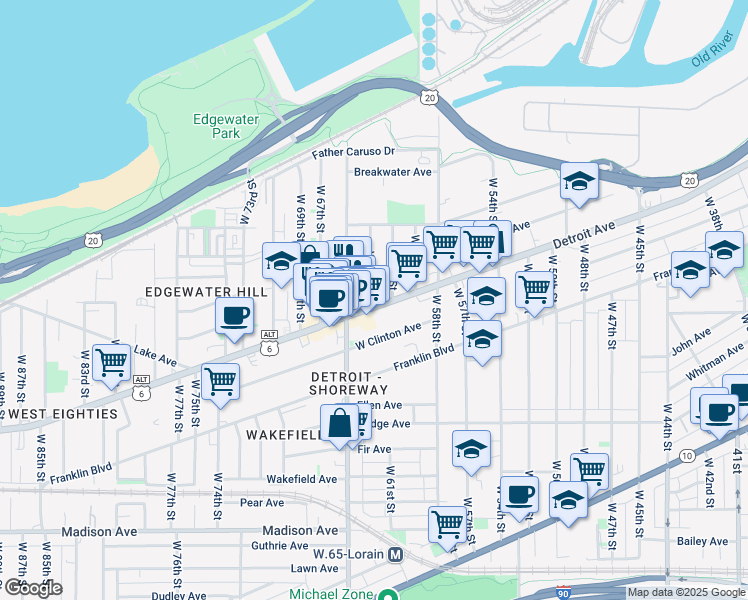 map of restaurants, bars, coffee shops, grocery stores, and more near 6211 Detroit Avenue in Cleveland