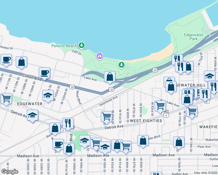 map of restaurants, bars, coffee shops, grocery stores, and more near in Cleveland