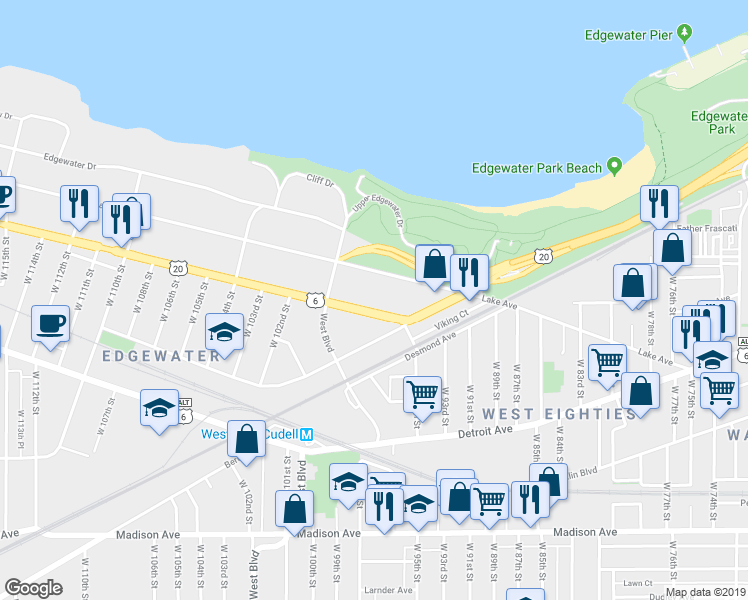 map of restaurants, bars, coffee shops, grocery stores, and more near 9605 Clifton Boulevard in Cleveland