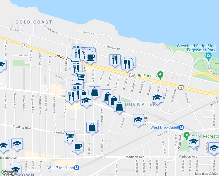 map of restaurants, bars, coffee shops, grocery stores, and more near 1338 West 111th Street in Cleveland